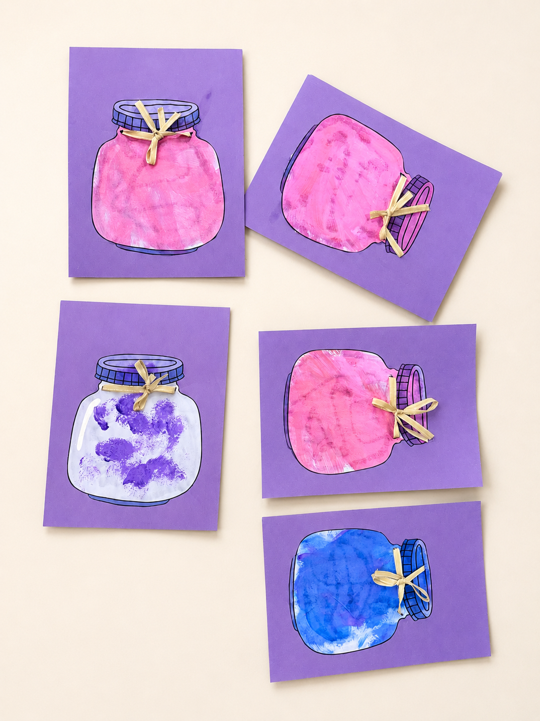 Preschool My Jam Jar painting crafts with pink, purple, and blue painted jars on purple paper