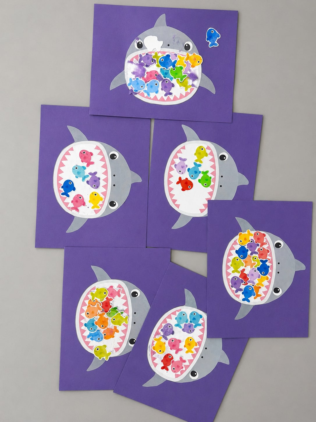 Feed the shark preschool counting activity with colorful fish pieces
