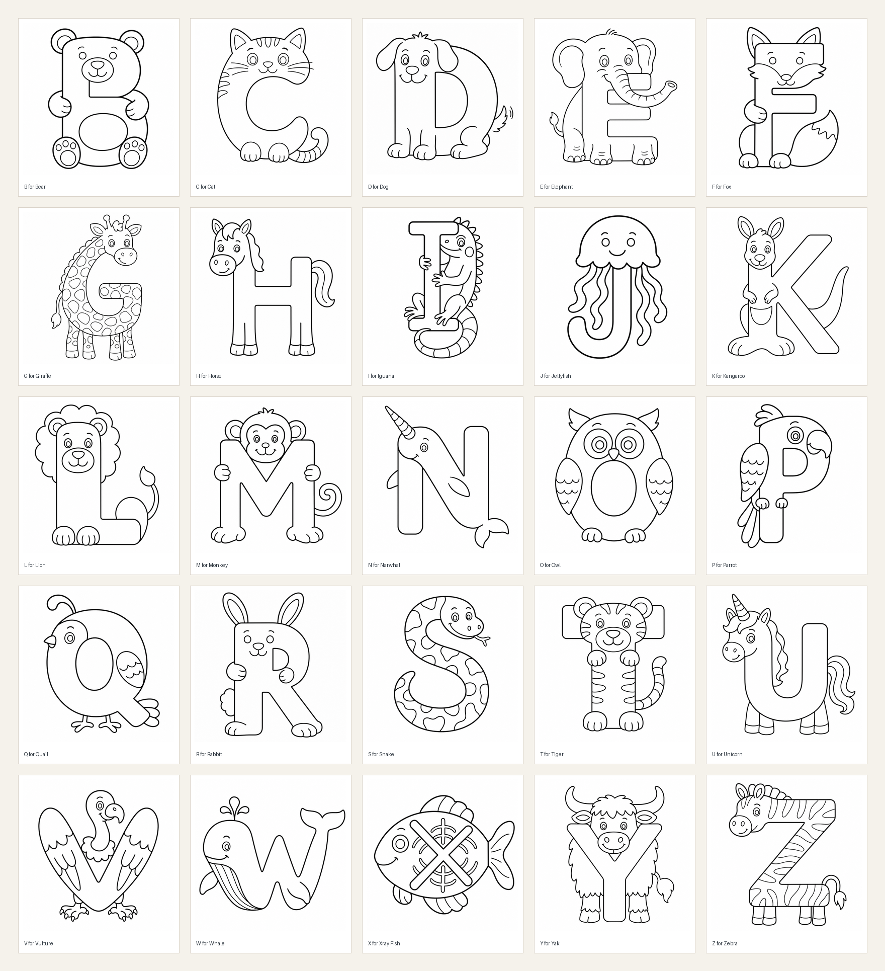 Preview contact sheet of letter animal alphabet printables